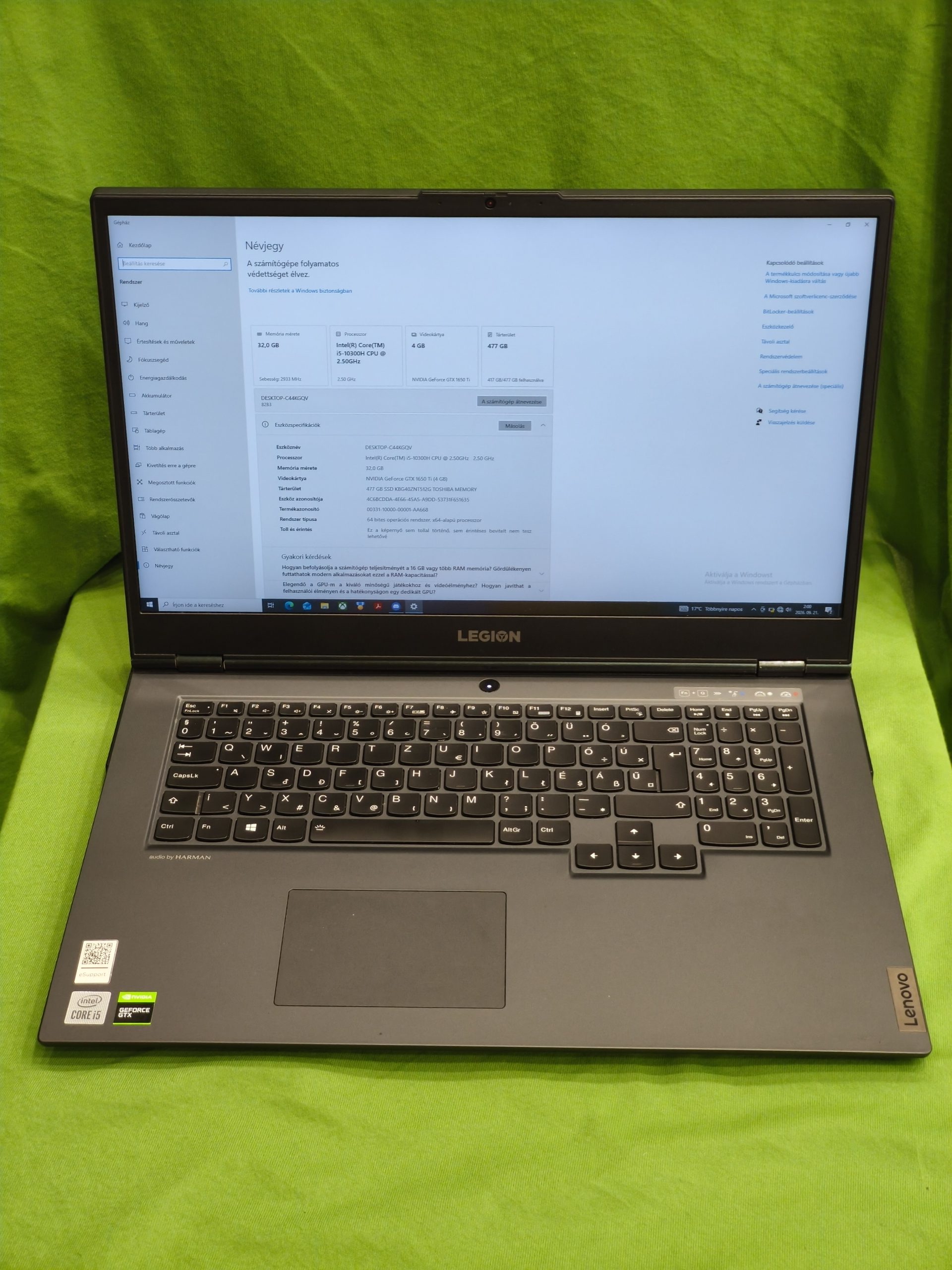 Lenovo Legion 5 17IMH05 gamer laptop i5/32GB/512 /GTX 1650 Ti 4 GB, kiemelt kép